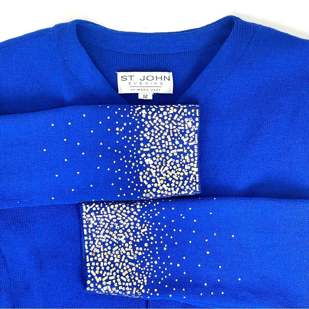 ST JOHN EVENING Sweater Coat SIZE 12 Royal Blue Crystals Jacket Santana Knits